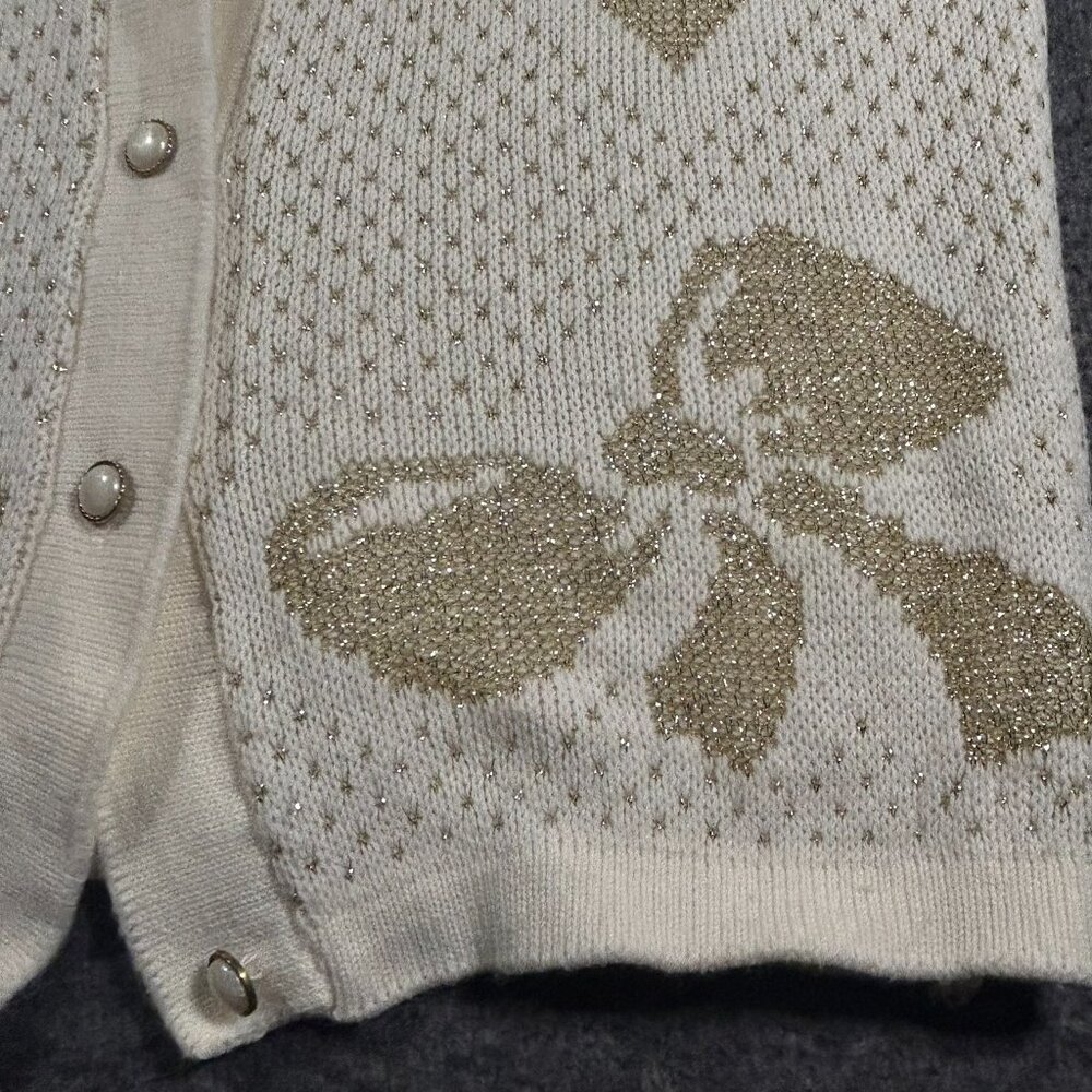 Vintage Cream Metallic Long‎ Sleeve Cardigan Sweater Gold Bow Holiday Pearl - Picture 9 of 15